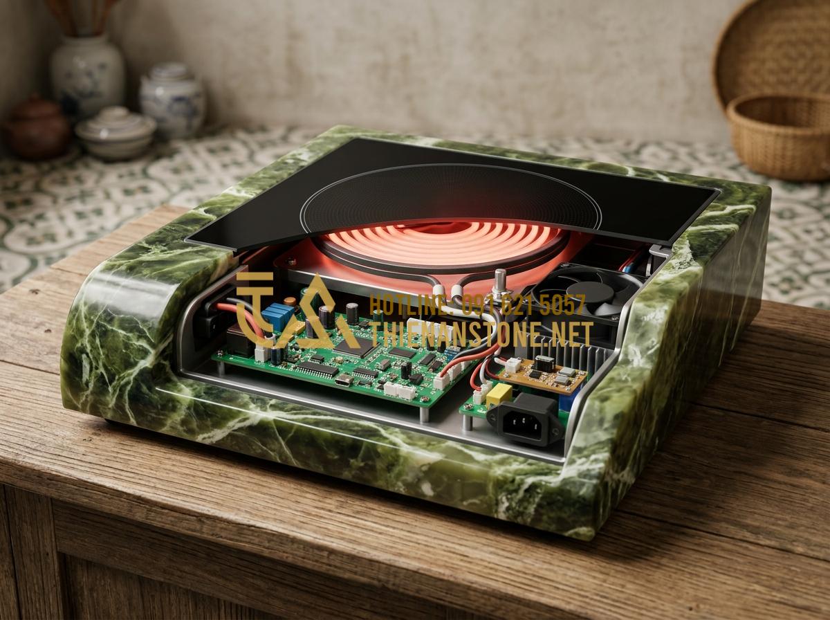 Hướng dẫn sử dụng và vệ sinh bếp đá hồng ngoại mini luôn bền đẹp như mới - Hình 2 Hướng dẫn sử dụng và vệ sinh bếp đá hồng ngoại mini luôn bền đẹp như mới - Tạo ảnh tiếng Anh: A detailed technical layout showing the cross-section of a st