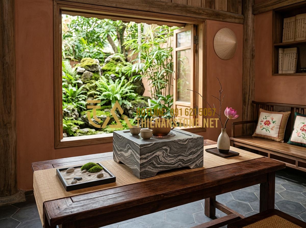 Hướng dẫn sử dụng và vệ sinh bếp đá hồng ngoại mini luôn bền đẹp như mới - Hình 5 Hướng dẫn sử dụng và vệ sinh bếp đá hồng ngoại mini luôn bền đẹp như mới - Tạo ảnh tiếng Anh: A wide shot of a beautifully decorated Zen tea room. A clean