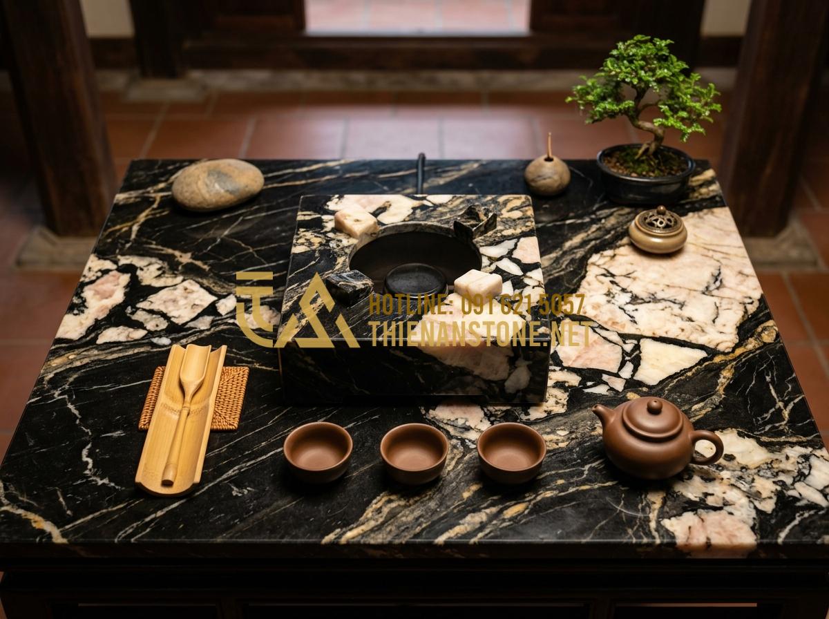 Hướng dẫn sử dụng và vệ sinh bếp đá hồng ngoại mini luôn bền đẹp như mới - Hình 7 Hướng dẫn sử dụng và vệ sinh bếp đá hồng ngoại mini luôn bền đẹp như mới - Tạo ảnh tiếng Anh: An overhead view of a clean and organized tea table. The ston