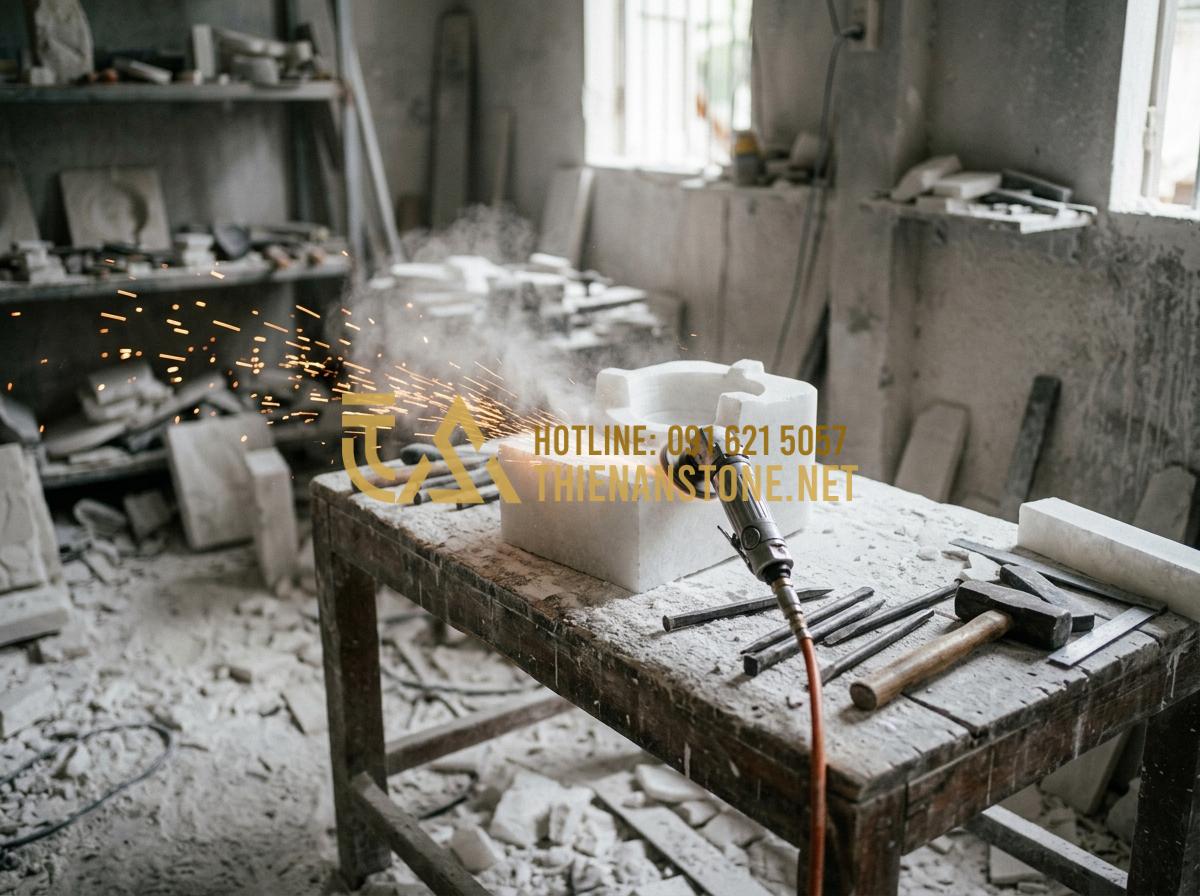 Hướng dẫn sử dụng và vệ sinh bếp đá hồng ngoại mini luôn bền đẹp như mới - Hình 8 Hướng dẫn sử dụng và vệ sinh bếp đá hồng ngoại mini luôn bền đẹp như mới - Tạo ảnh tiếng Anh: A master artisan in a dusty workshop environment, meticulousl