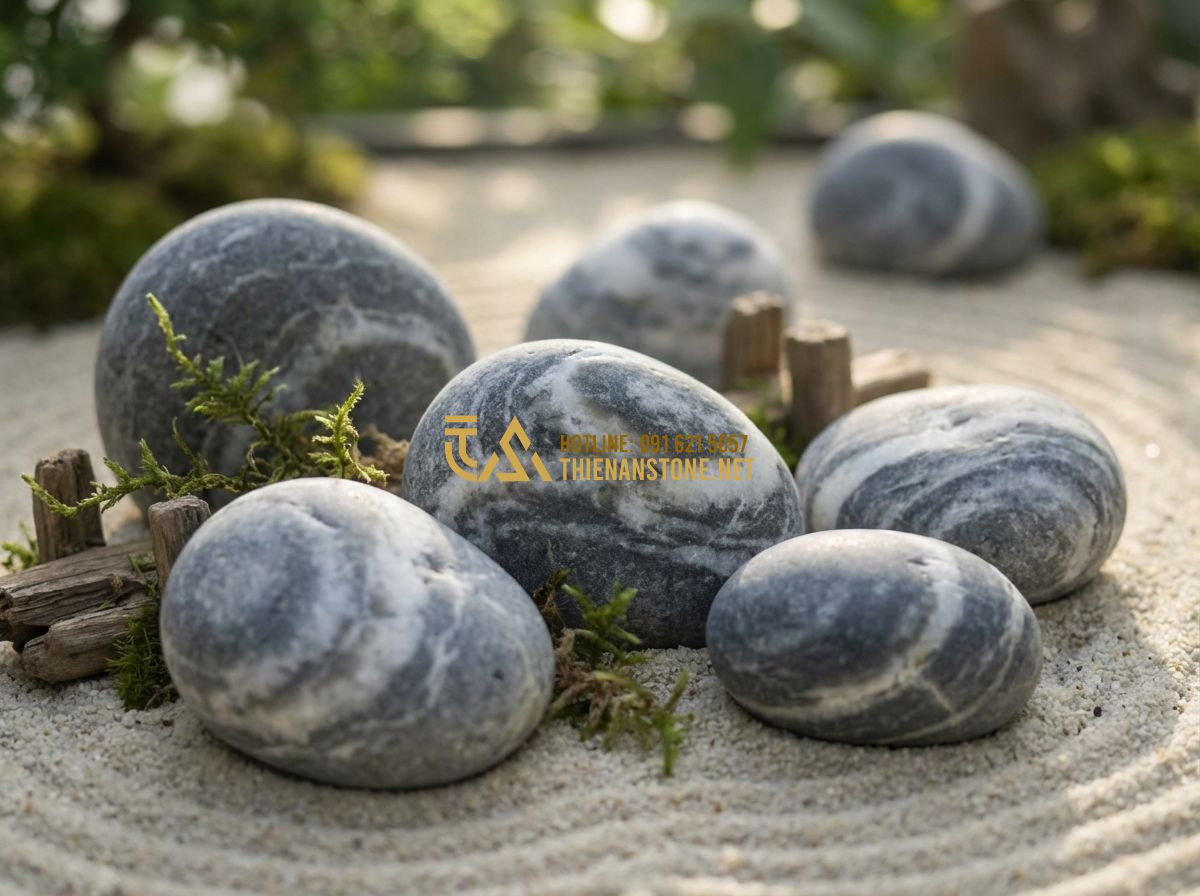 Hướng Dẫn Thi Công Đá Cuội Vân Mây Chuẩn Kỹ Thuật Từ A Đến Z - Tạo ảnh tiếng Anh: Close-up shot of high-quality cloudy quartz pebbles (da cuoi