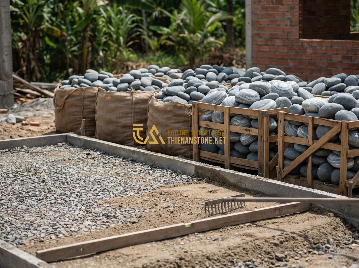 Hướng Dẫn Thi Công Đá Cuội Vân Mây Chuẩn Kỹ Thuật Từ A Đến Z - Tạo ảnh tiếng Anh: Professional construction site preparation for a pebble garde