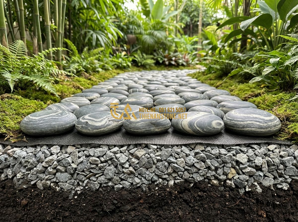 Hướng Dẫn Thi Công Đá Cuội Vân Mây Chuẩn Kỹ Thuật Từ A Đến Z - Tạo ảnh tiếng Anh: Detailed architectural diagram showing the layers of a pebble