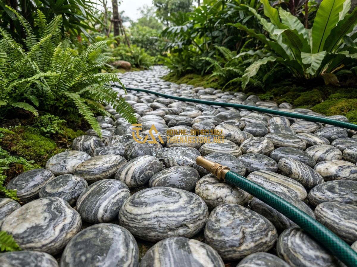 Hướng Dẫn Thi Công Đá Cuội Vân Mây Chuẩn Kỹ Thuật Từ A Đến Z - Tạo ảnh tiếng Anh: A homeowner using a garden hose to clean a beautiful pebble p