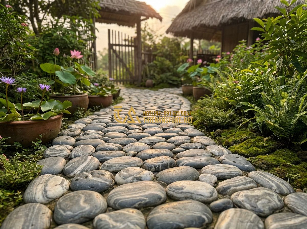 Hướng Dẫn Thi Công Đá Cuội Vân Mây Chuẩn Kỹ Thuật Từ A Đến Z - Tạo ảnh tiếng Anh: An elderly woman walking slowly with a cane on a beautifully