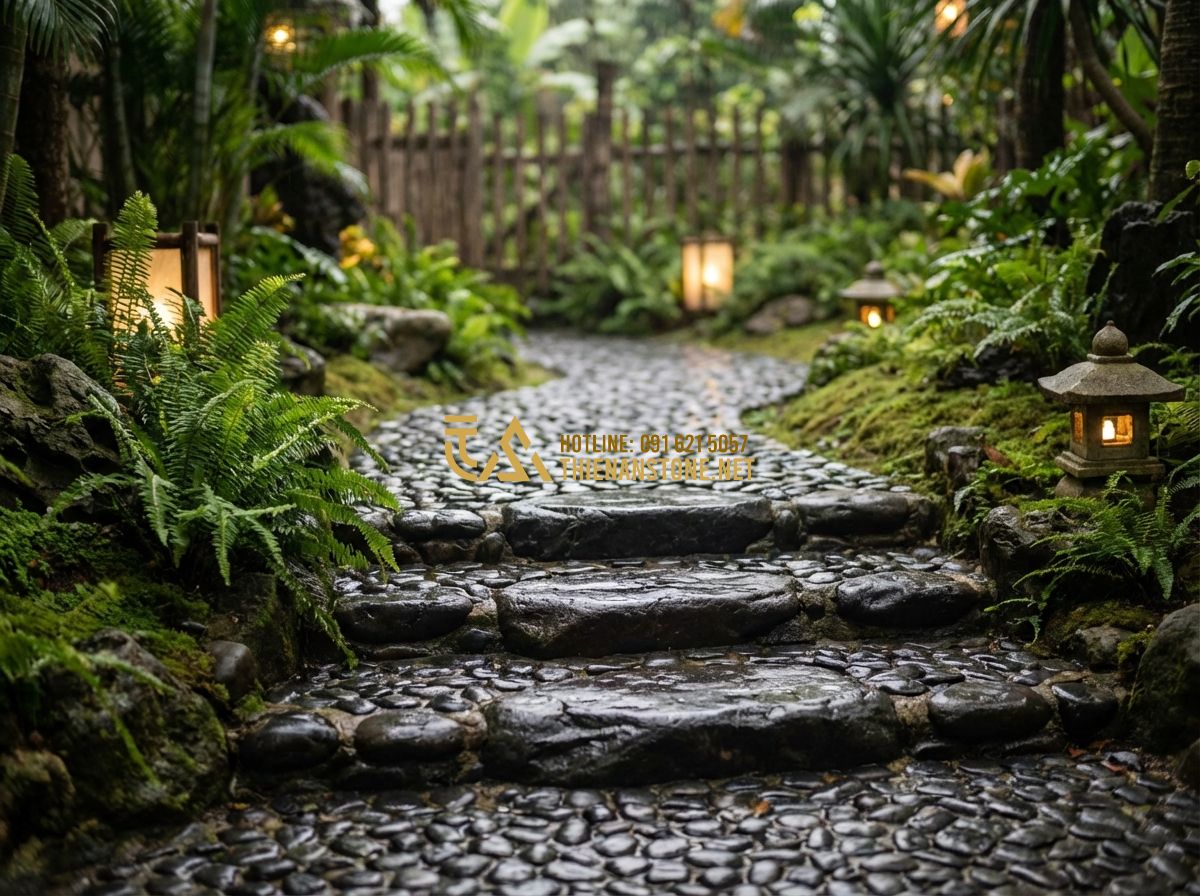 Hướng Dẫn Thi Công Sỏi Quay Đường Đi, Tiểu Cảnh Và Lavabo Đơn Giản Tại Nhà - Tạo ảnh tiếng Anh: A beautiful garden path made of grey tumbled stones with larg