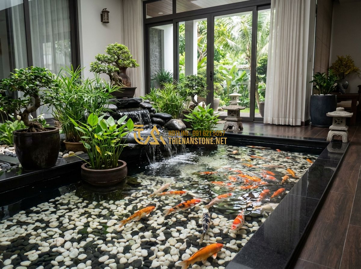 Hướng Dẫn Thi Công Sỏi Quay Đường Đi, Tiểu Cảnh Và Lavabo Đơn Giản Tại Nhà - Tạo ảnh tiếng Anh: An indoor koi pond with crystal clear water, colorful koi fis