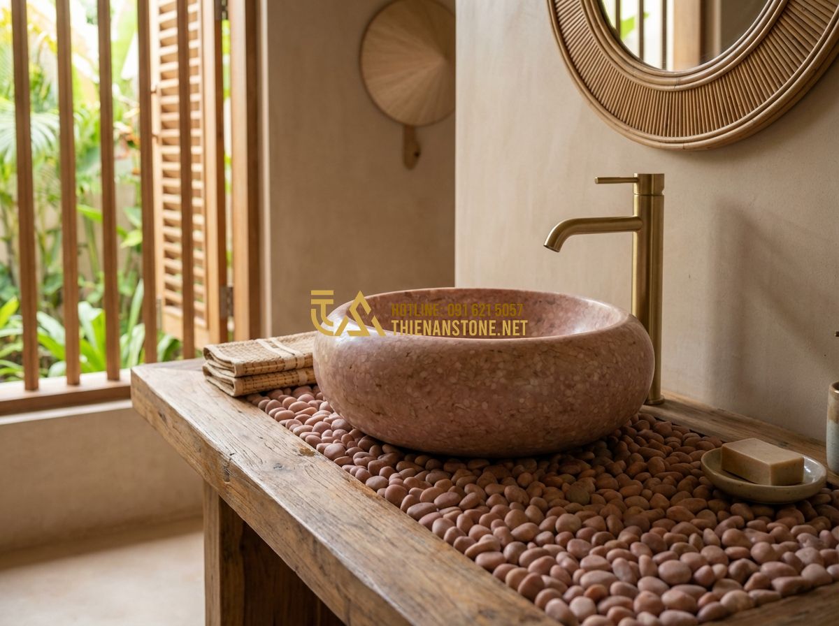 Hướng Dẫn Thi Công Sỏi Quay Đường Đi, Tiểu Cảnh Và Lavabo Đơn Giản Tại Nhà - Tạo ảnh tiếng Anh: A luxury bathroom interior featuring a natural stone vessel s