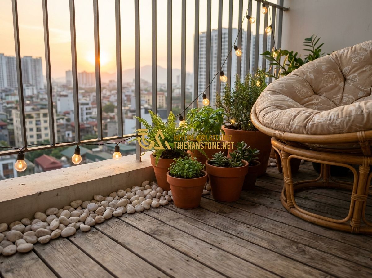 Hướng Dẫn Thi Công Sỏi Quay Đường Đi, Tiểu Cảnh Và Lavabo Đơn Giản Tại Nhà - Tạo ảnh tiếng Anh: A cozy apartment balcony at sunset with wooden decking and a