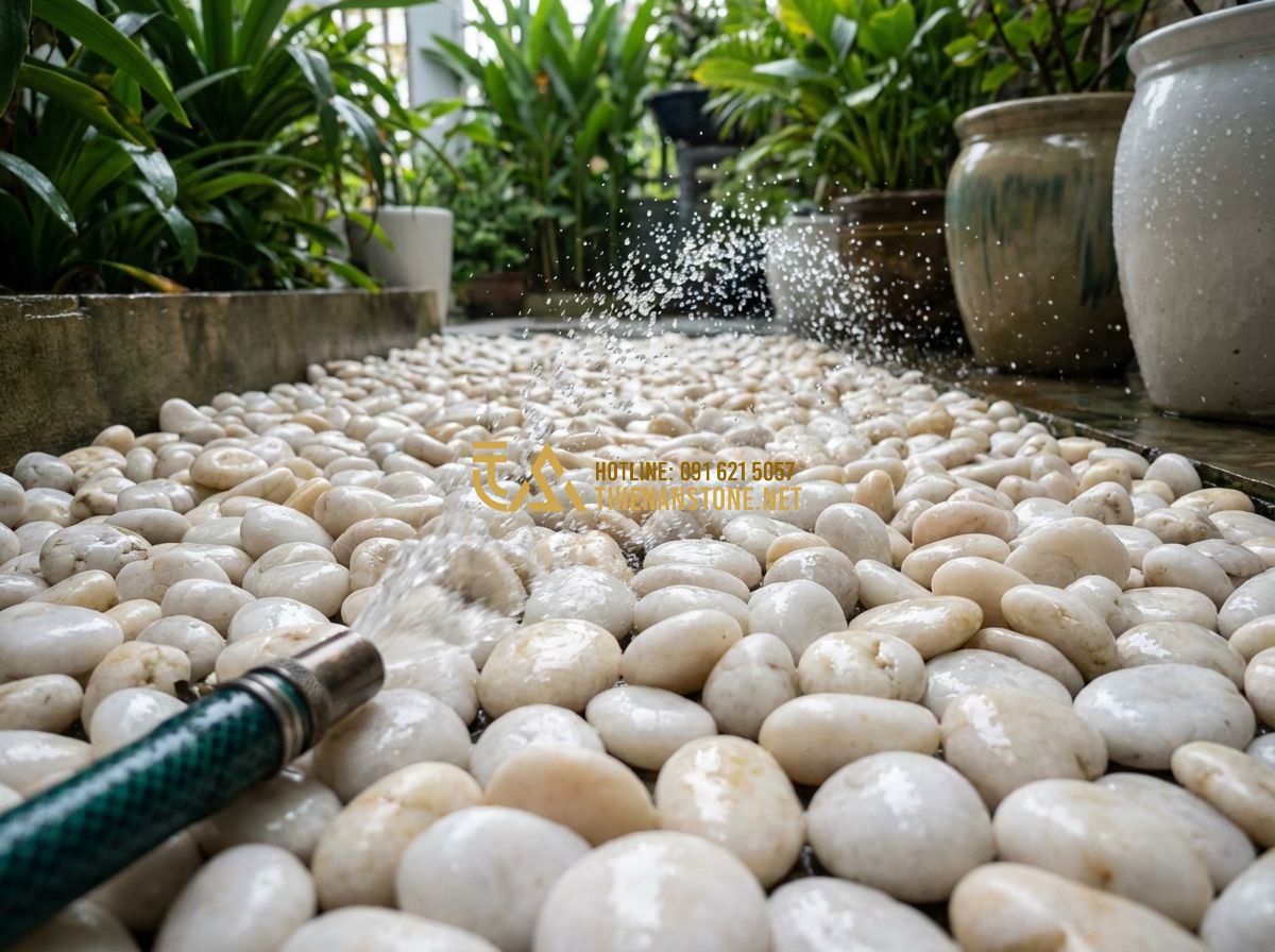 Hướng Dẫn Thi Công Sỏi Quay Đường Đi, Tiểu Cảnh Và Lavabo Đơn Giản Tại Nhà - Tạo ảnh tiếng Anh: A person using a garden hose to clean a path of light-colored