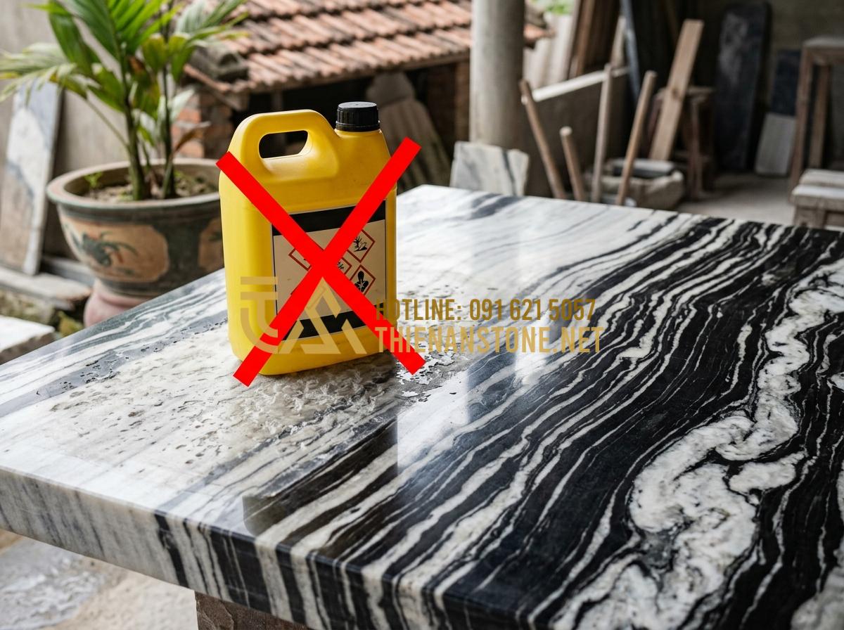 Hướng dẫn vệ sinh tranh đá tự nhiên xuyên sáng để giữ độ bóng bền lâu - Hình 6 Hướng dẫn vệ sinh tranh đá tự nhiên xuyên sáng để giữ độ bóng bền lâu - Tạo ảnh tiếng Anh: A warning scene: a bottle of harsh household chemical cleaner