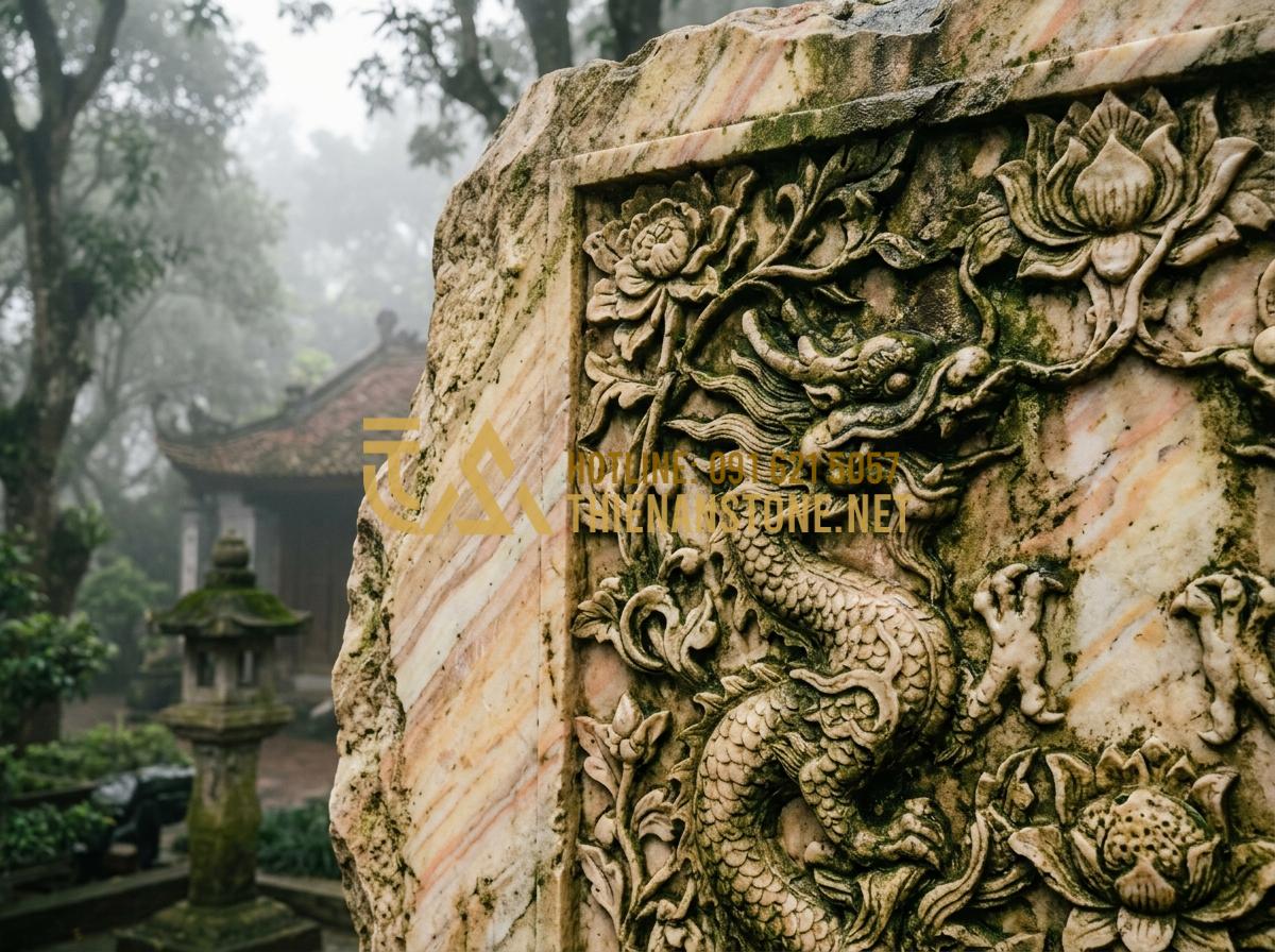 Hướng dẫn vệ sinh và bảo dưỡng phù điêu đá ngoài trời luôn như mới - Tạo ảnh tiếng Anh: A close-up cinematic shot of an ancient stone relief outdoors