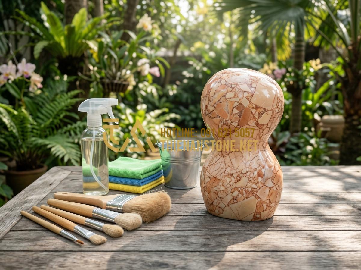 Hướng dẫn vệ sinh và bảo dưỡng phù điêu đá ngoài trời luôn như mới - Tạo ảnh tiếng Anh: A professional kit for cleaning stone sculptures, including s