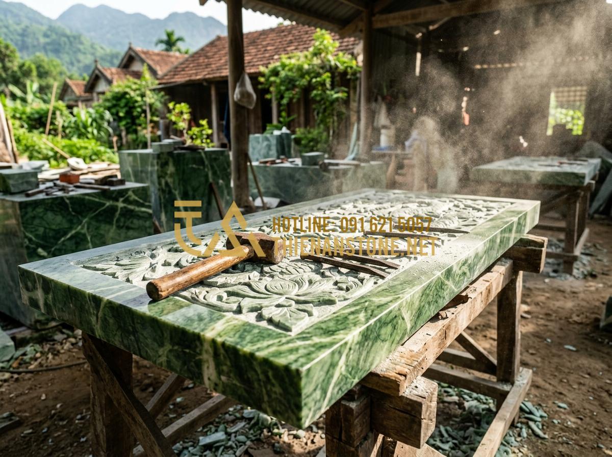 Hướng dẫn vệ sinh và bảo dưỡng phù điêu đá ngoài trời luôn như mới - Tạo ảnh tiếng Anh: A majestic scene in a stone carving workshop, skilled artisan
