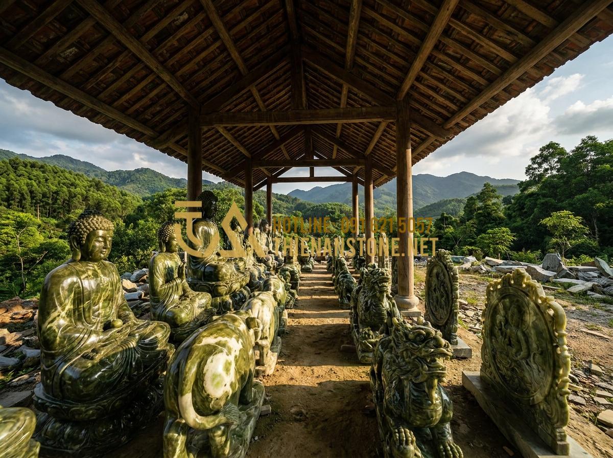 Hướng dẫn vệ sinh và bảo dưỡng phù điêu đá ngoài trời luôn như mới - Tạo ảnh tiếng Anh: A panoramic view of the Thien An Stone workshop in Phu Tho, f
