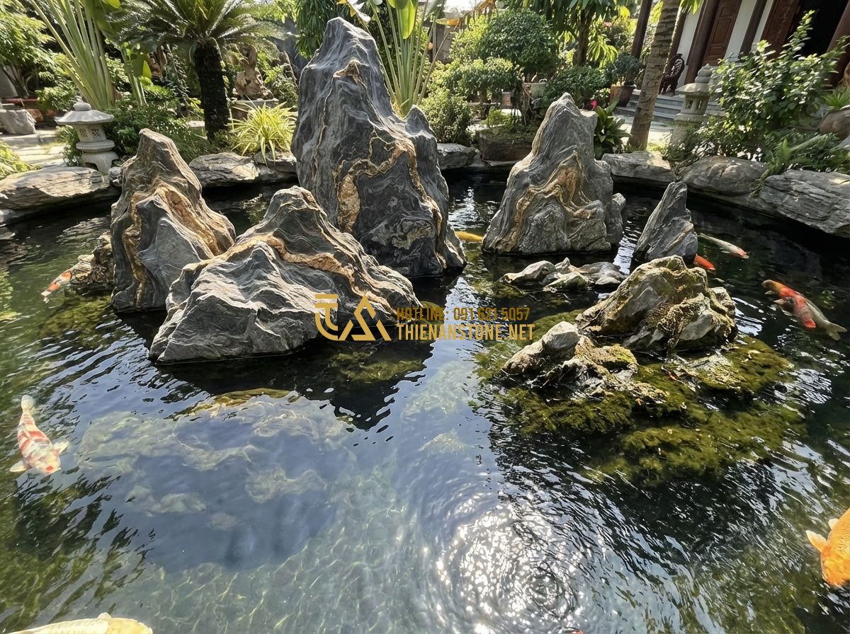 Hướng Dẫn Vệ Sinh Và Bảo Quản Đá Vân Thạch Hồ Cá, Thác Nước Đúng Cách - Tạo ảnh tiếng Anh: A high-angle shot of a luxurious koi pond with large natural