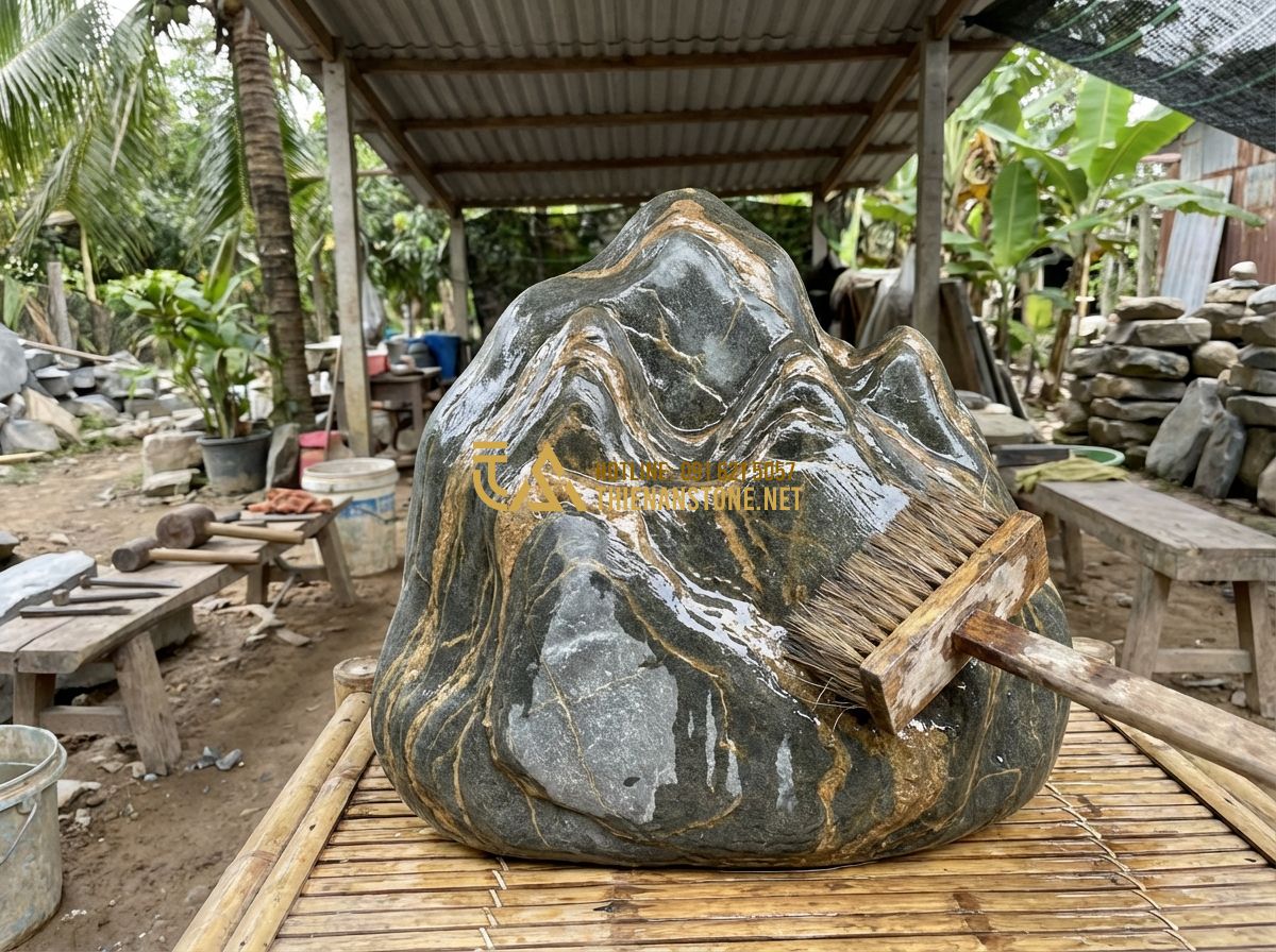 Hướng Dẫn Vệ Sinh Và Bảo Quản Đá Vân Thạch Hồ Cá, Thác Nước Đúng Cách - Tạo ảnh tiếng Anh: A professional craftsman applying a transparent protective co