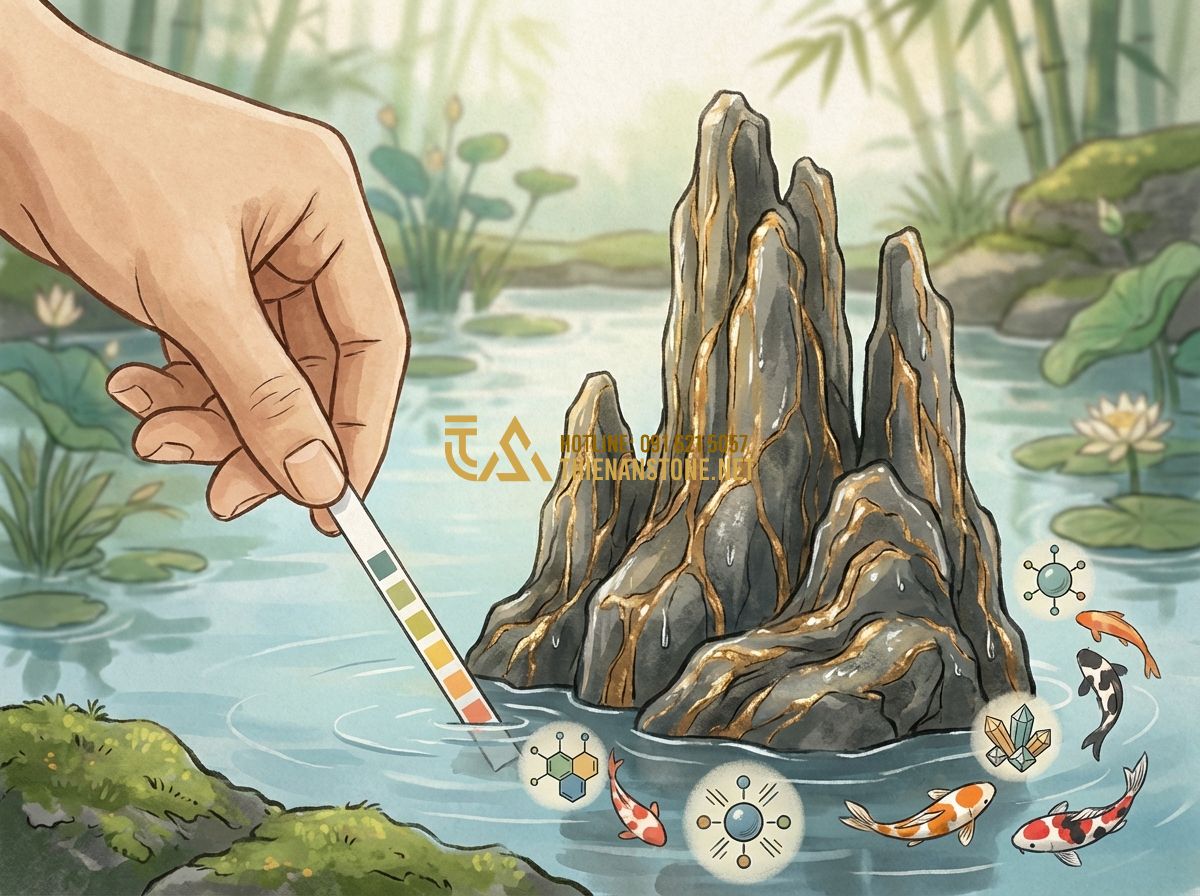 Hướng Dẫn Vệ Sinh Và Bảo Quản Đá Vân Thạch Hồ Cá, Thác Nước Đúng Cách - Tạo ảnh tiếng Anh: An educational infographic style image showing a pH test stri