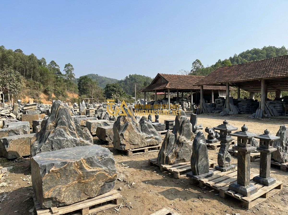 Hướng Dẫn Vệ Sinh Và Bảo Quản Đá Vân Thạch Hồ Cá, Thác Nước Đúng Cách - Tạo ảnh tiếng Anh: A panoramic view of Thien An Stone Craft Workshop in Phu Tho