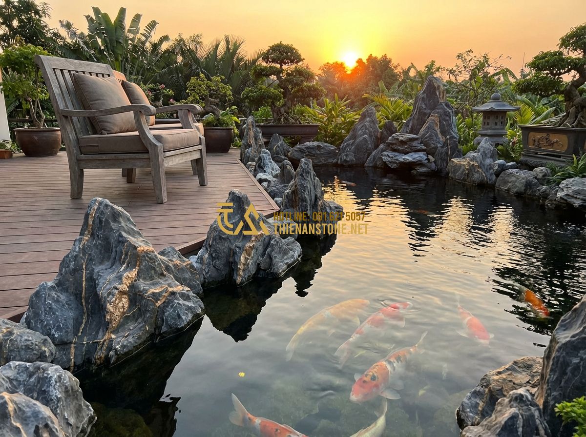 Hướng Dẫn Vệ Sinh Và Bảo Quản Đá Vân Thạch Hồ Cá, Thác Nước Đúng Cách - Tạo ảnh tiếng Anh: A peaceful scene of a homeowner sitting on a wooden deck by a