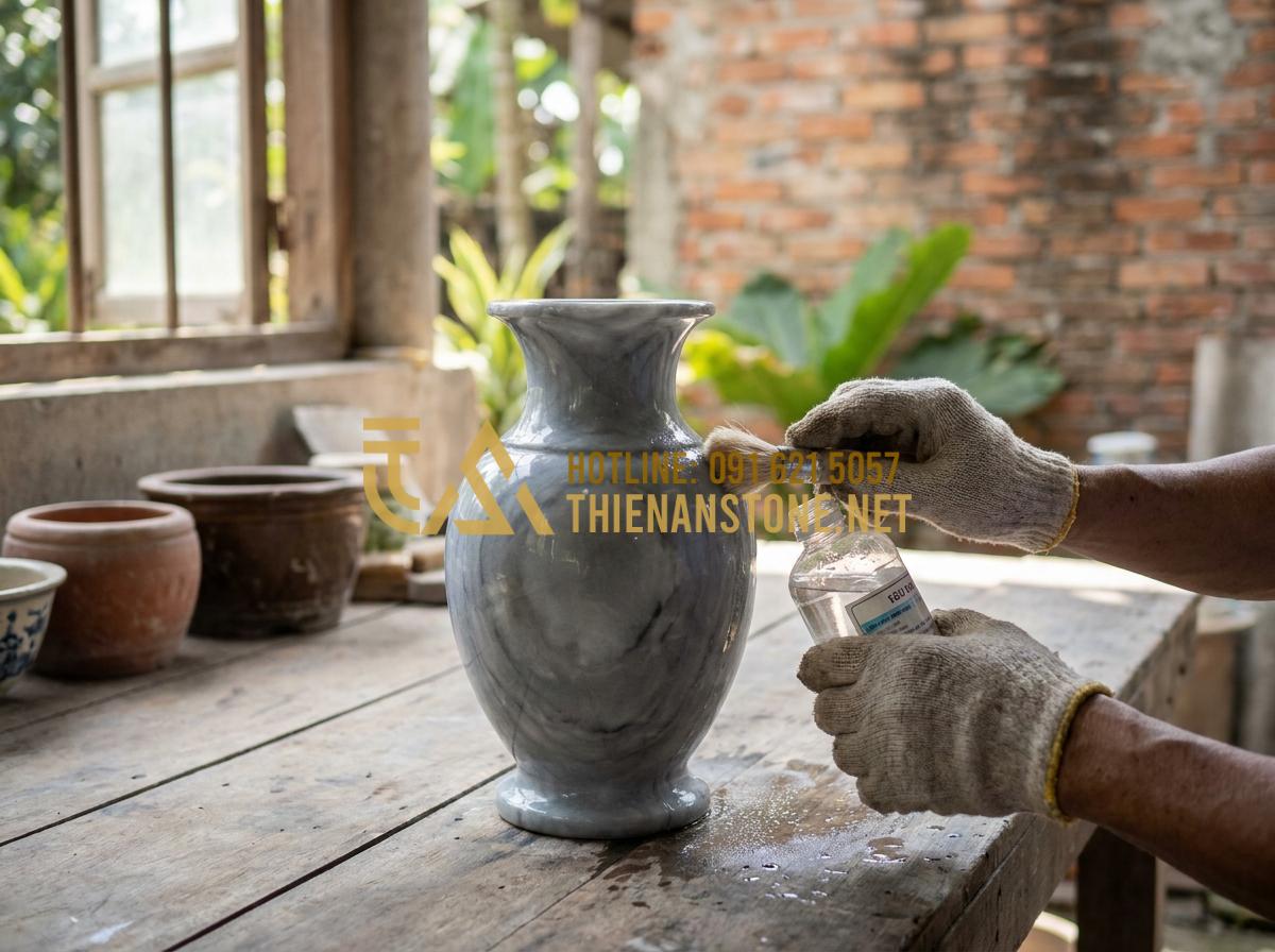 Hướng Dẫn Vệ Sinh Và Bảo Quản Lọ Hoa Đá Luôn Sáng Bóng Như Mới Tại Nhà - Expert hands cleaning hard water stains off a natural stone vase with soft brush