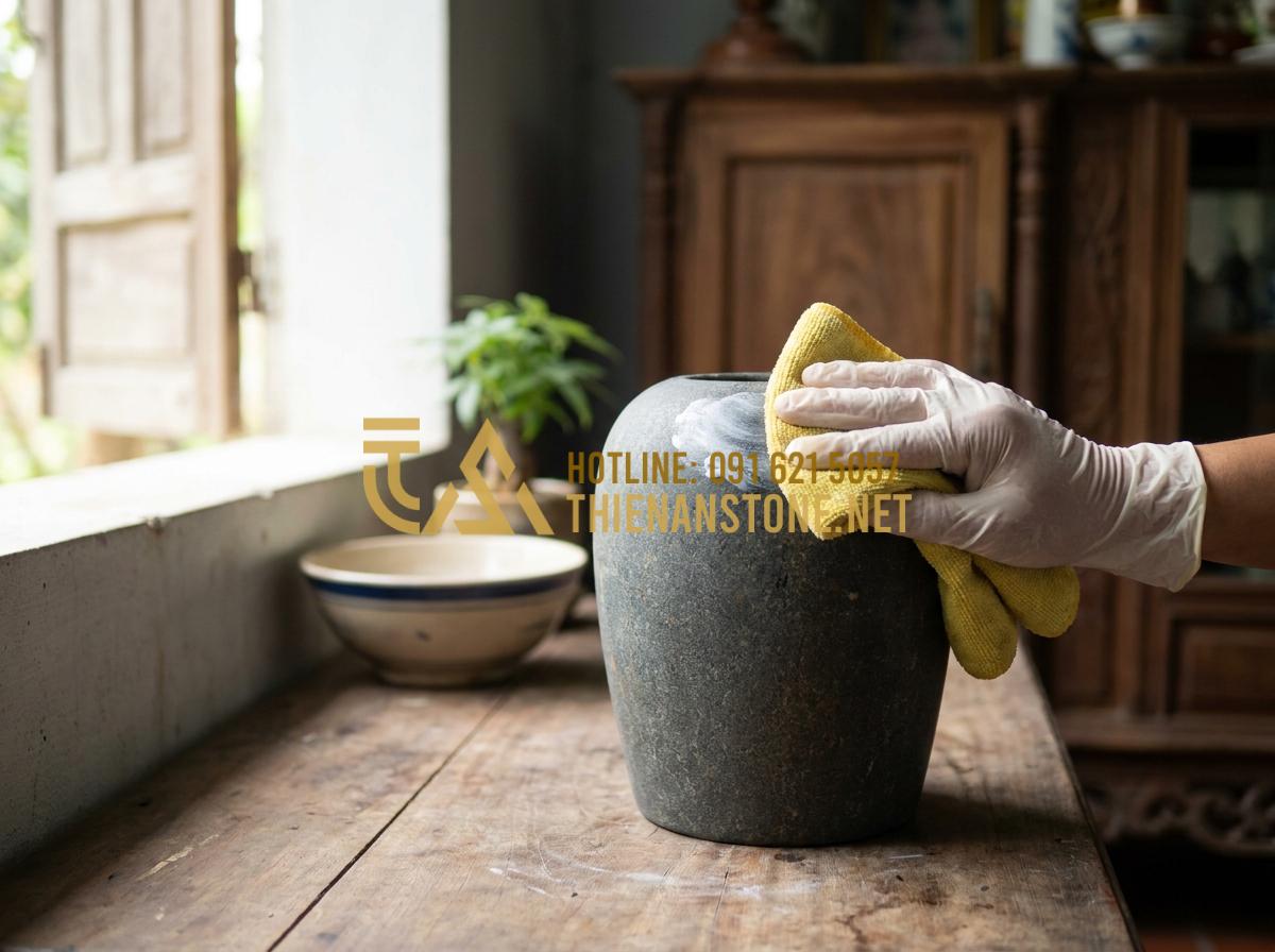 Hướng Dẫn Vệ Sinh Và Bảo Quản Lọ Hoa Đá Luôn Sáng Bóng Như Mới Tại Nhà - Hands applying polishing wax to a stone flower vase with microfiber cloth for de