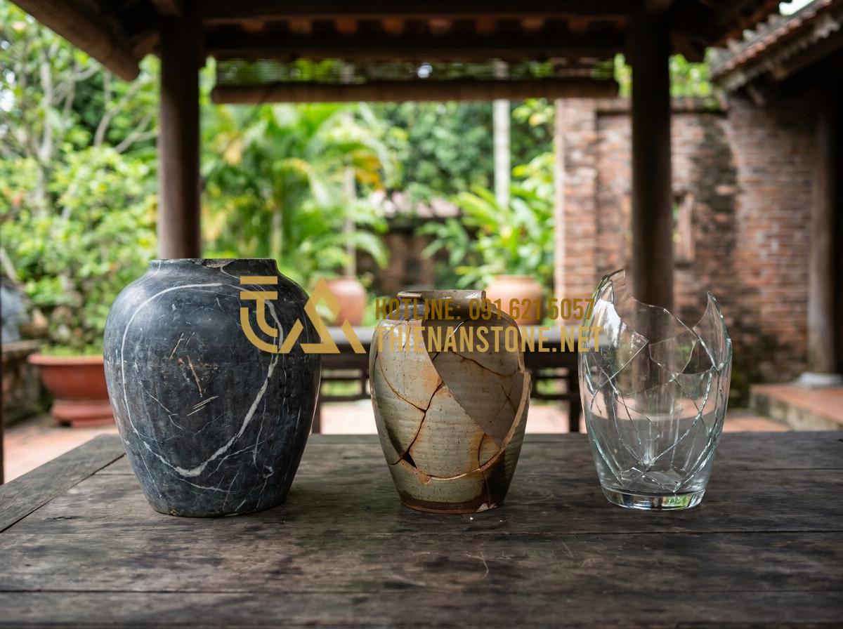 Hướng Dẫn Vệ Sinh Và Bảo Quản Lọ Hoa Đá Luôn Sáng Bóng Như Mới Tại Nhà - Side by side comparison of stone flower vase versus ceramic and glass vases show