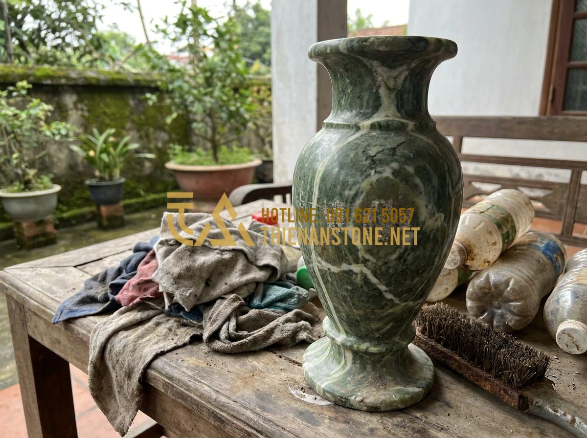 Hướng Dẫn Vệ Sinh Và Bảo Quản Lọ Hoa Đá Luôn Sáng Bóng Như Mới Tại Nhà - Common mistakes illustration with damaged stone vase due to wrong cleaning chemi