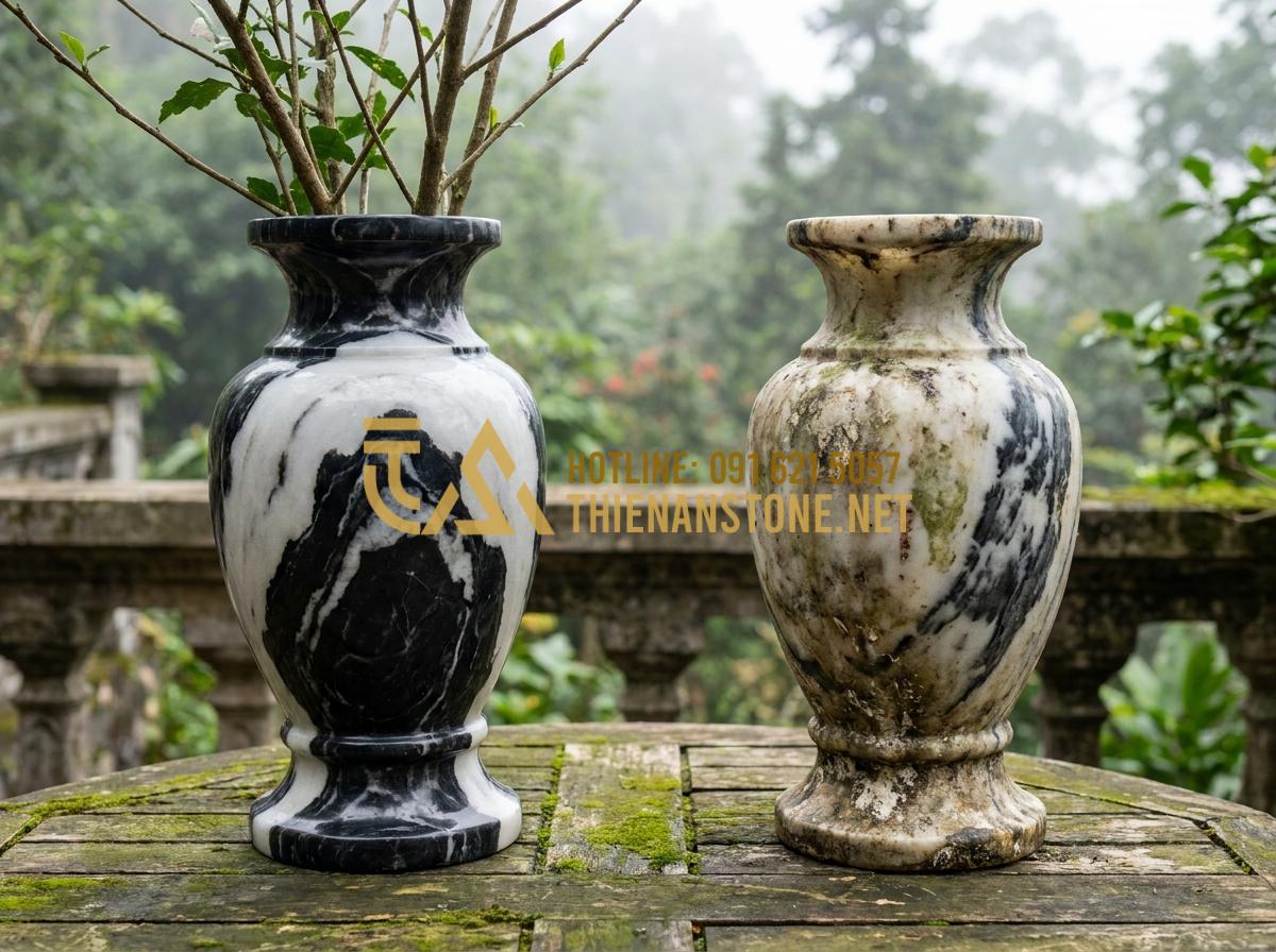 Hướng Dẫn Vệ Sinh Và Bảo Quản Lọ Hoa Đá Luôn Sáng Bóng Như Mới Tại Nhà - Correct vs incorrect maintenance techniques shown on stone flower vase examples