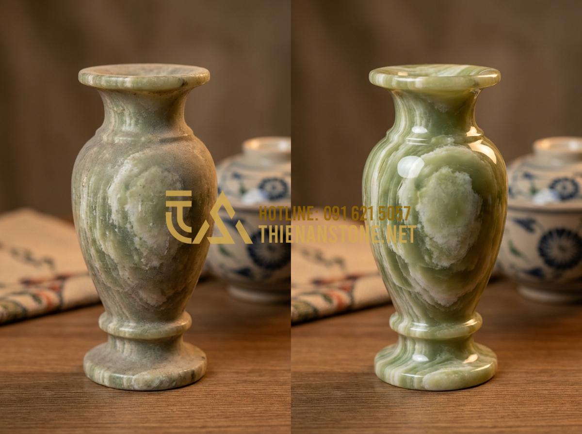 Hướng Dẫn Vệ Sinh Và Bảo Quản Lọ Hoa Đá Luôn Sáng Bóng Như Mới Tại Nhà - Before and after comparison of a dirty stone flower vase versus a cleaned shiny