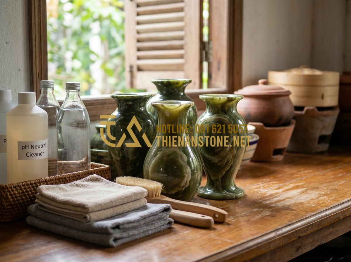 Hướng Dẫn Vệ Sinh Và Bảo Quản Lọ Hoa Đá Luôn Sáng Bóng Như Mới Tại Nhà - Collection of safe cleaning tools for stone vases including microfiber cloths, s