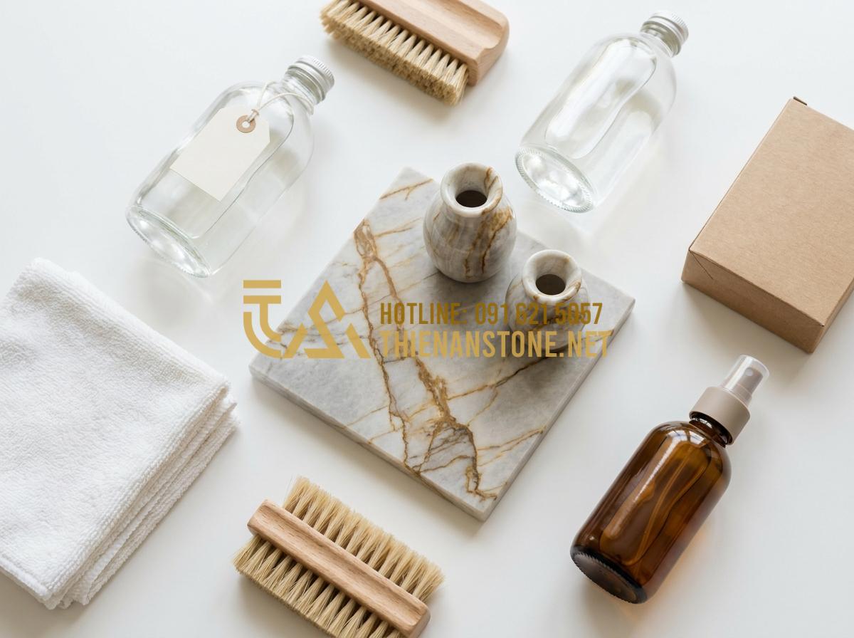 Hướng Dẫn Vệ Sinh Và Bảo Quản Lọ Hoa Đá Luôn Sáng Bóng Như Mới Tại Nhà - Organized flat lay of cleaning supplies for natural stone vases including cloths