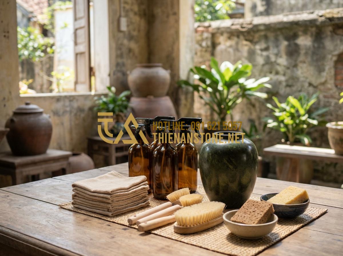 Hướng Dẫn Vệ Sinh Và Bảo Quản Lọ Hoa Đá Luôn Sáng Bóng Như Mới Tại Nhà - Professional setup of safe stone cleaning kit with labeled bottles and tools rea