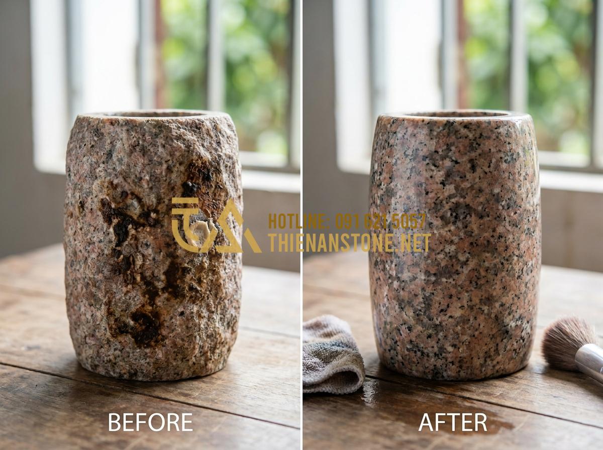 Hướng Dẫn Vệ Sinh Và Bảo Quản Lọ Hoa Đá Luôn Sáng Bóng Như Mới Tại Nhà - Close-up before and after cleaning stubborn stains on stone flower vase surface