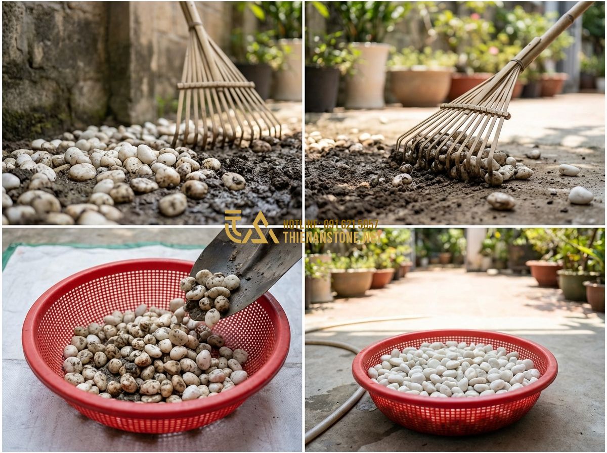 Hướng Dẫn Vệ Sinh Và Bảo Quản Sỏi Trang Trí Lâu Dài Không Biến Màu - Hình 3 Hướng Dẫn Vệ Sinh Và Bảo Quản Sỏi Trang Trí Lâu Dài Không Biến Màu - Tạo ảnh tiếng Anh: A step-by-step photography series of cleaning garden stones.