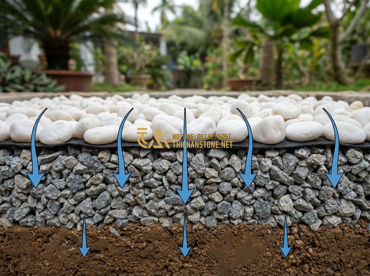 Hướng Dẫn Vệ Sinh Và Bảo Quản Sỏi Trang Trí Lâu Dài Không Biến Màu - Hình 4 Hướng Dẫn Vệ Sinh Và Bảo Quản Sỏi Trang Trí Lâu Dài Không Biến Màu - Tạo ảnh tiếng Anh: A professional technical diagram of a garden path constructio