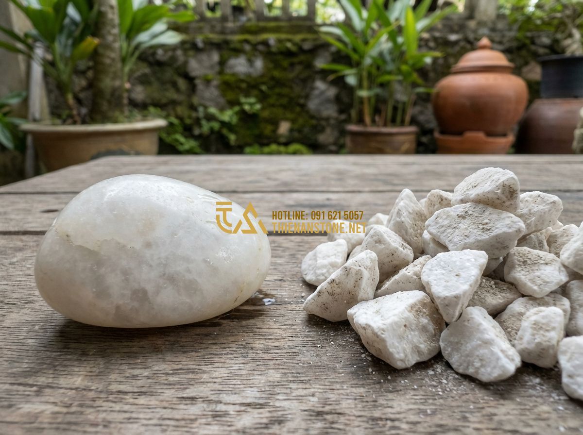 Hướng Dẫn Vệ Sinh Và Bảo Quản Sỏi Trang Trí Lâu Dài Không Biến Màu - Hình 5 Hướng Dẫn Vệ Sinh Và Bảo Quản Sỏi Trang Trí Lâu Dài Không Biến Màu - Tạo ảnh tiếng Anh: A high-quality comparison shot of a natural white river pebbl