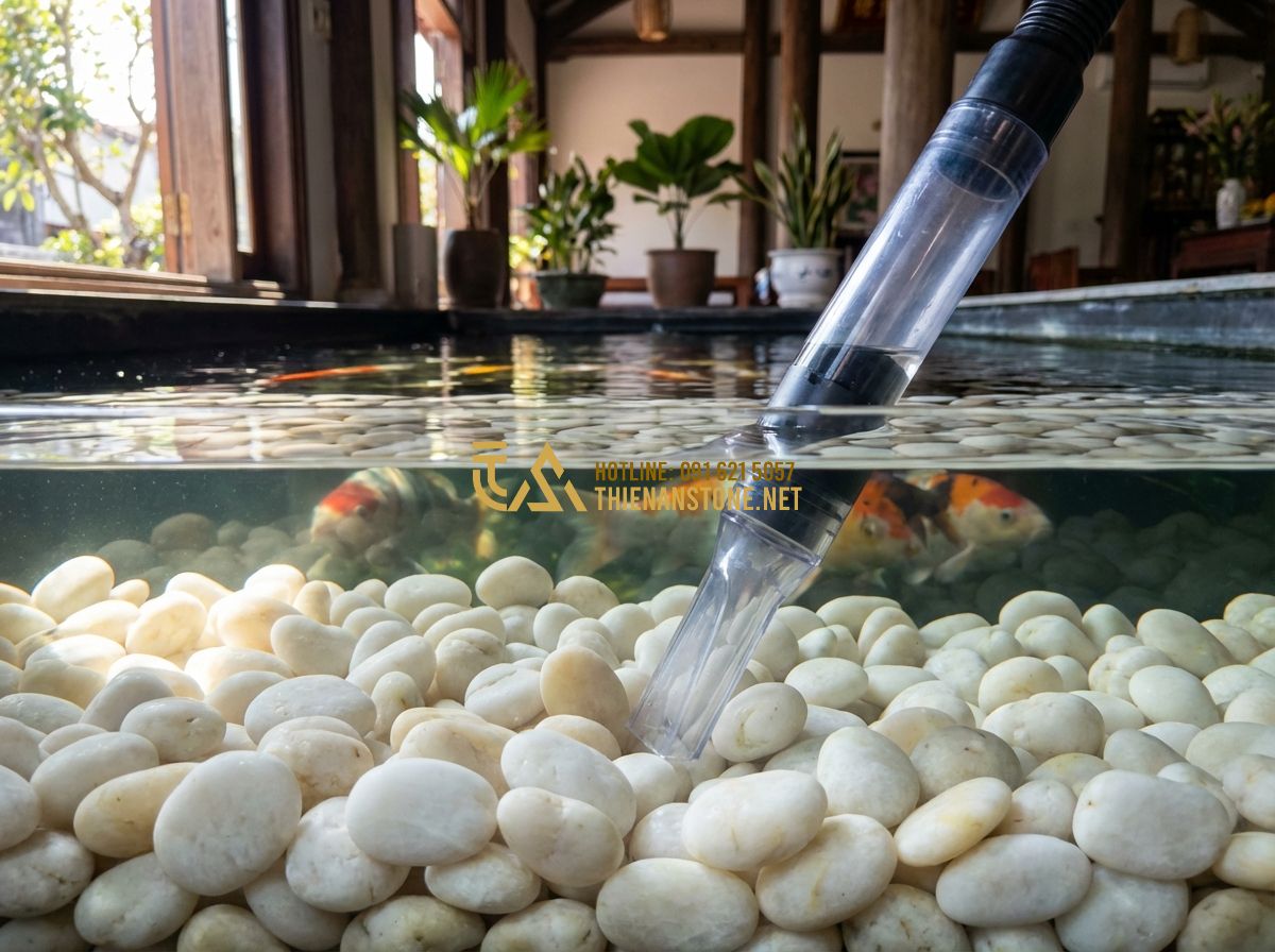Hướng Dẫn Vệ Sinh Và Bảo Quản Sỏi Trang Trí Lâu Dài Không Biến Màu - Hình 6 Hướng Dẫn Vệ Sinh Và Bảo Quản Sỏi Trang Trí Lâu Dài Không Biến Màu - Tạo ảnh tiếng Anh: A clear, beautiful indoor koi pond with smooth white pebbles