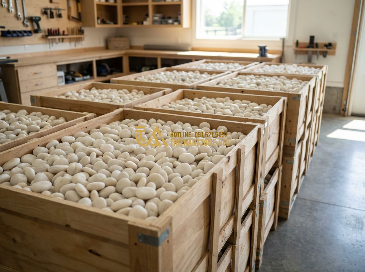 Hướng Dẫn Vệ Sinh Và Bảo Quản Sỏi Trang Trí Lâu Dài Không Biến Màu - Hình 7 Hướng Dẫn Vệ Sinh Và Bảo Quản Sỏi Trang Trí Lâu Dài Không Biến Màu - Tạo ảnh tiếng Anh: Inside the Thien An Stone workshop, skilled workers are caref