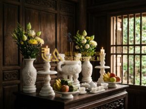 Hướng Dẫn Vệ Sinh Và Khai Quang Bộ Đồ Thờ Đá Mỹ Nghệ Chuẩn Chuyên Gia - Tạo ảnh tiếng Anh: A serene and spiritual Vietnamese traditional altar set made