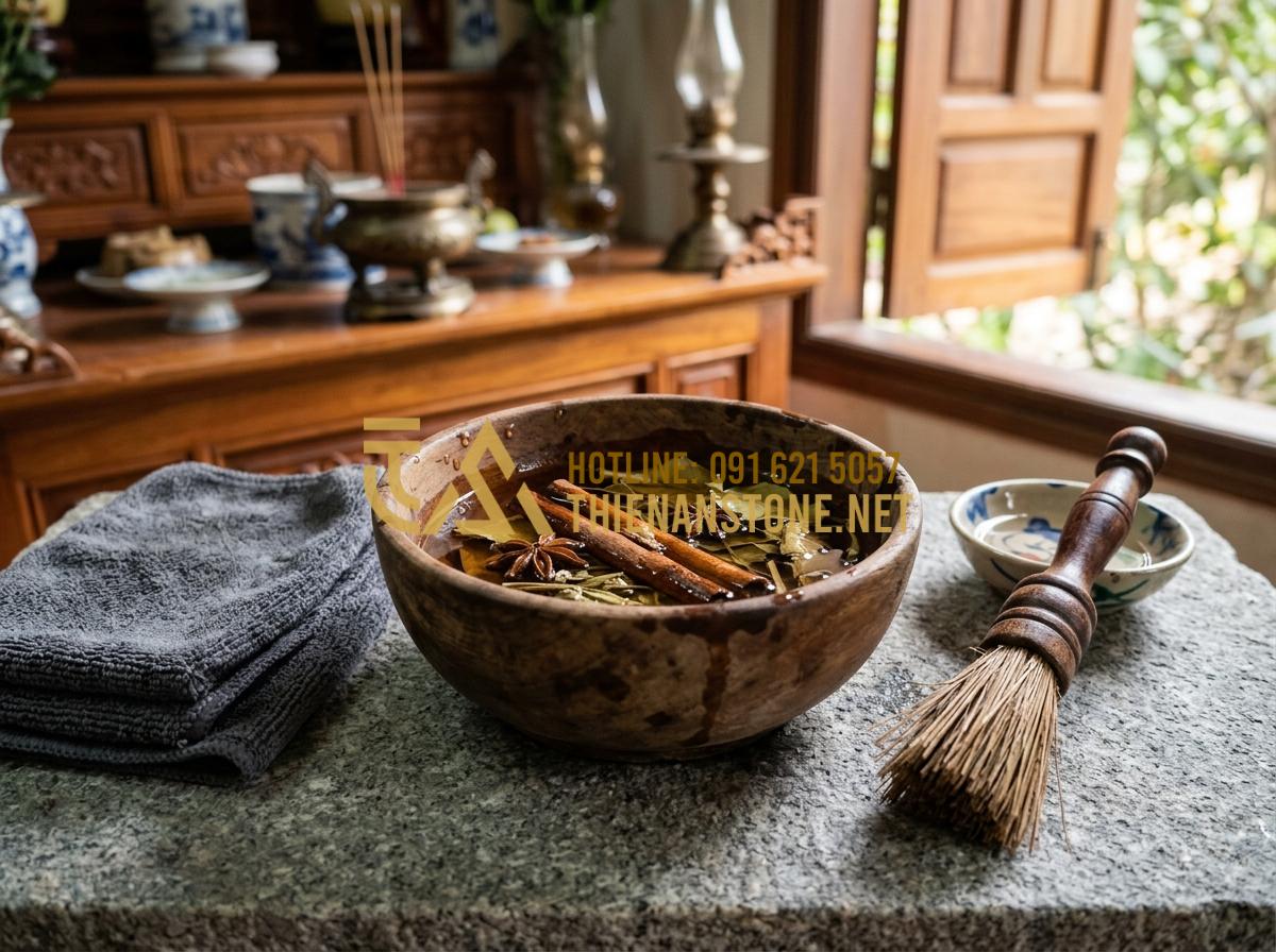 Hướng Dẫn Vệ Sinh Và Khai Quang Bộ Đồ Thờ Đá Mỹ Nghệ Chuẩn Chuyên Gia - Tạo ảnh tiếng Anh: A detailed close-up of traditional Vietnamese cleaning tools
