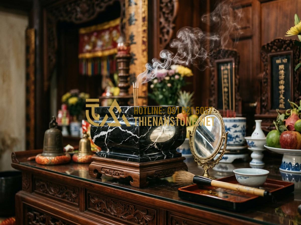 Hướng Dẫn Vệ Sinh Và Khai Quang Bộ Đồ Thờ Đá Mỹ Nghệ Chuẩn Chuyên Gia - Tạo ảnh tiếng Anh: A ritual scene showing a person performing a consecration cer