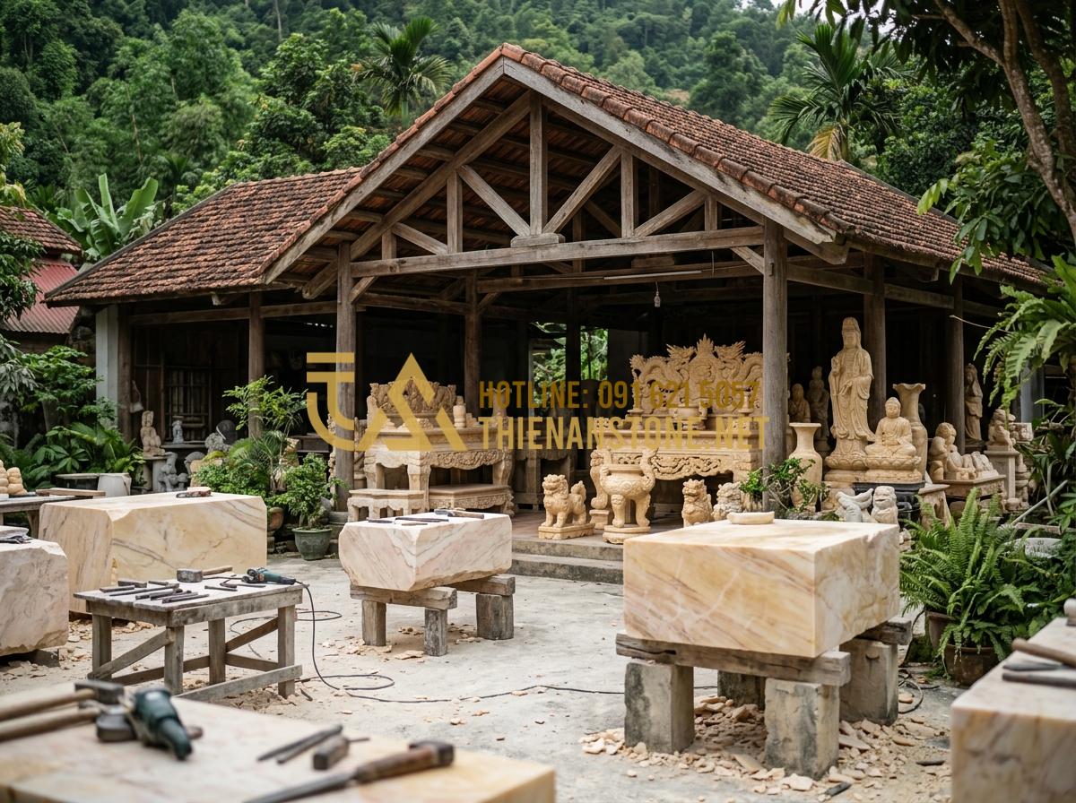 Hướng Dẫn Vệ Sinh Và Khai Quang Bộ Đồ Thờ Đá Mỹ Nghệ Chuẩn Chuyên Gia - Tạo ảnh tiếng Anh: A panoramic view of Xưởng Đá Mỹ Nghệ Thiên An workshop in Phu