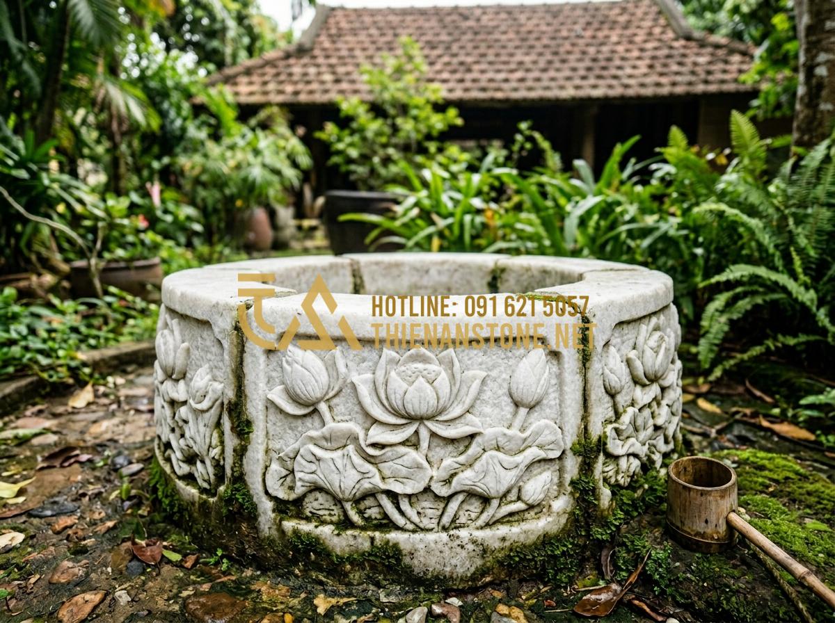 Kết hợp giếng đá với tiểu cảnh lu nước: Nghệ thuật sắp đặt sân vườn đẳng cấp - Tạo ảnh tiếng Anh: Close-up of a mini stone well made from weathered grey granit