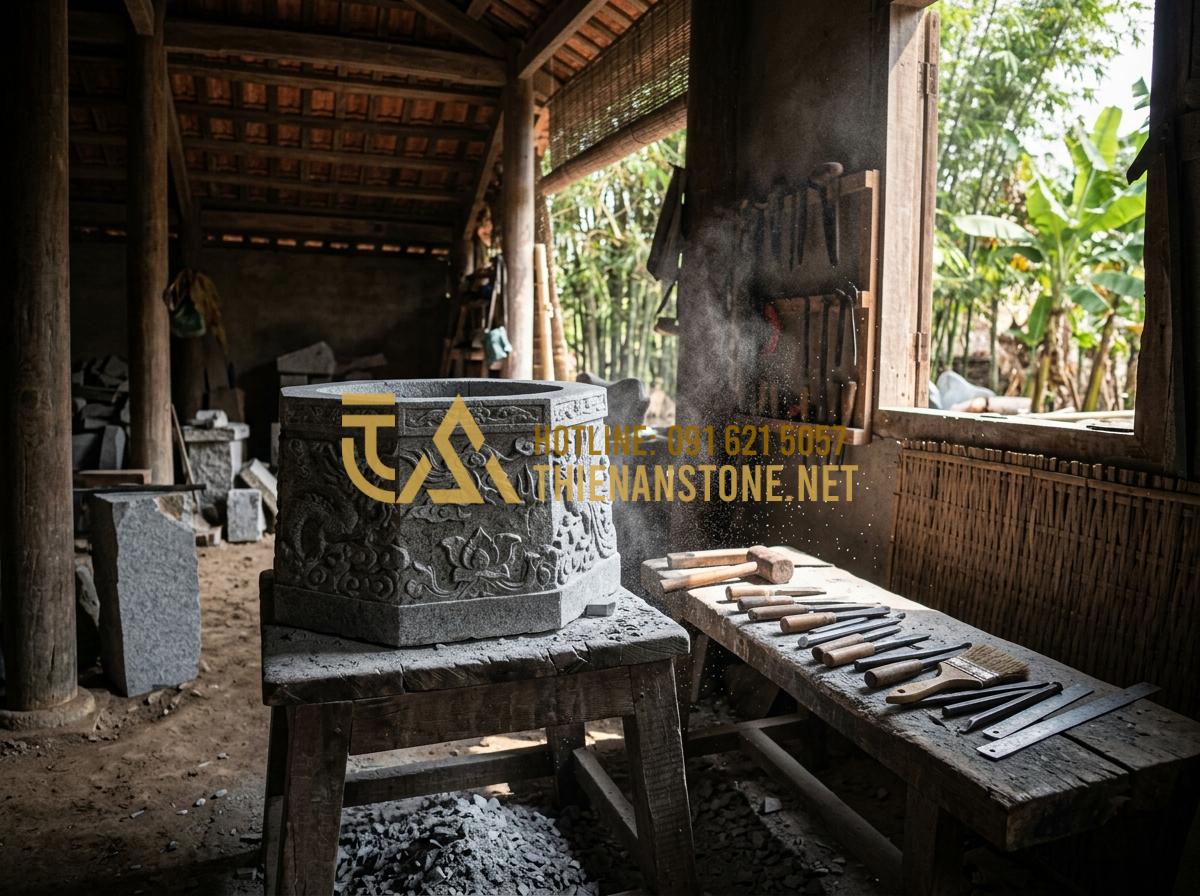 Kết hợp giếng đá với tiểu cảnh lu nước: Nghệ thuật sắp đặt sân vườn đẳng cấp - Tạo ảnh tiếng Anh: A master craftsman in a traditional workshop carefully carvin