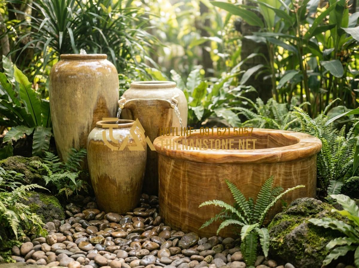 Kết hợp giếng đá với tiểu cảnh lu nước: Nghệ thuật sắp đặt sân vườn đẳng cấp - Tạo ảnh tiếng Anh: A sophisticated garden installation showing three ceramic wat
