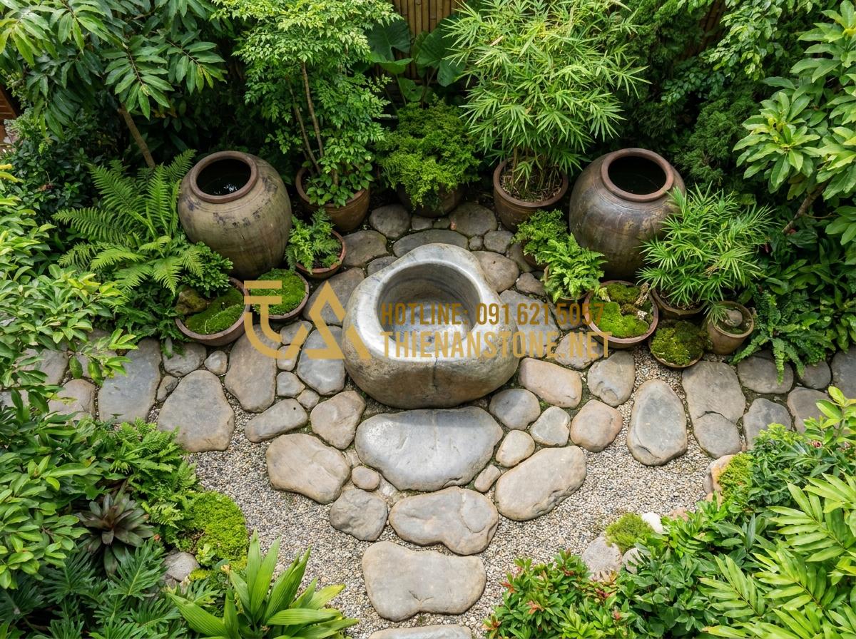 Kết hợp giếng đá với tiểu cảnh lu nước: Nghệ thuật sắp đặt sân vườn đẳng cấp - Tạo ảnh tiếng Anh: An overhead view of a feng shui-inspired garden layout. A cir