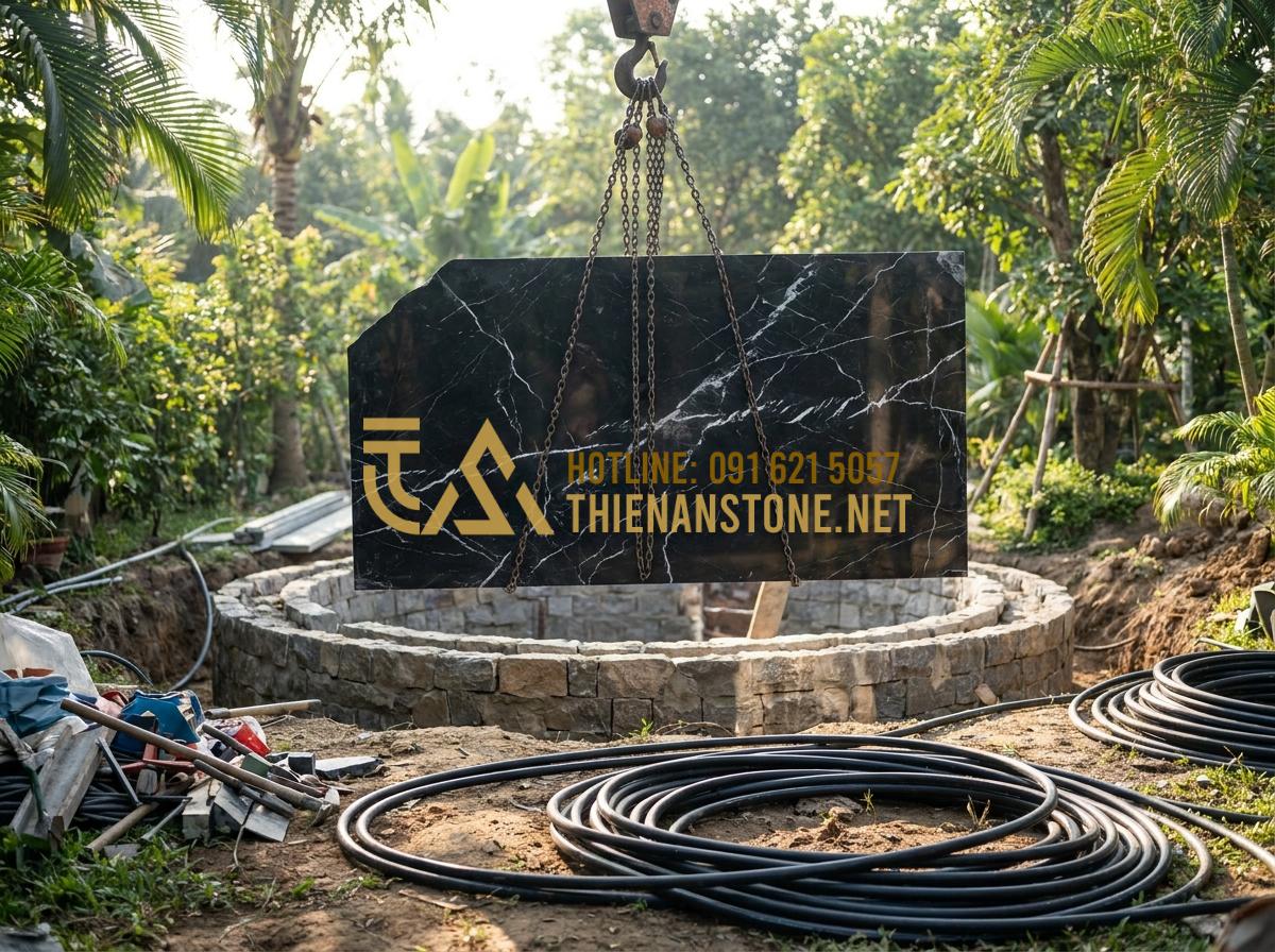 Kết hợp giếng đá với tiểu cảnh lu nước: Nghệ thuật sắp đặt sân vườn đẳng cấp - Tạo ảnh tiếng Anh: A professional installation team from Thien An Stone setting