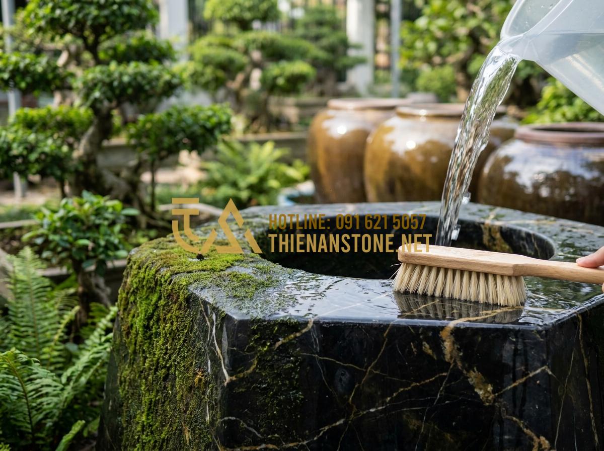Kết hợp giếng đá với tiểu cảnh lu nước: Nghệ thuật sắp đặt sân vườn đẳng cấp - Tạo ảnh tiếng Anh: A homeowner using a soft brush to clean the surface of a moss