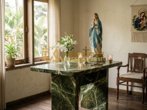 Kết Hợp Tượng Đá Và Bàn Thờ Đá Công Giáo: Bí Quyết Tạo Không Gian Trang Trọng - Tạo ảnh tiếng Anh: A peaceful home interior with a white marble Catholic altar a